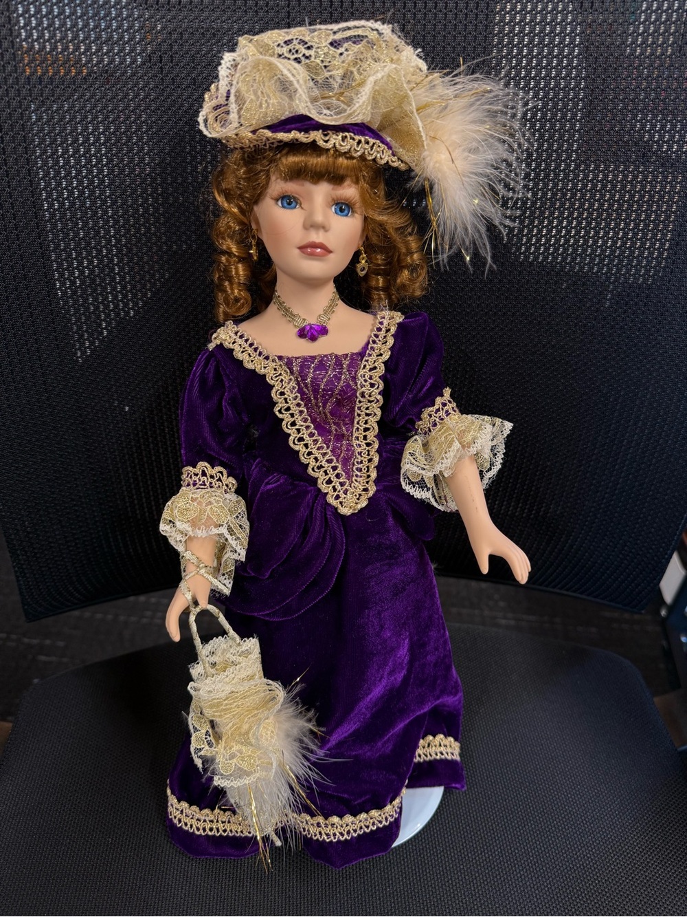 Porcelain Doll The Collectors Choice Series Victorian 16.5" and stand purple